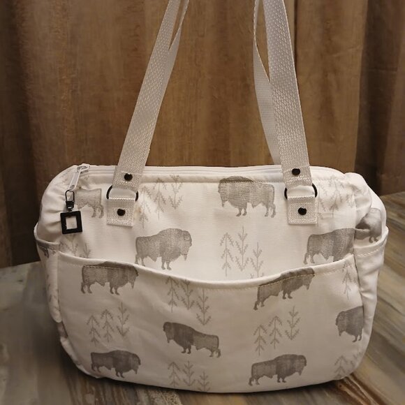 New Canvas Aztec Boho Buffalo Bison Shoulder Bag Purse White Gray Tote Carryall - Picture 1 of 7